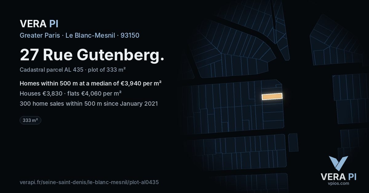 27 Rue Gutenberg, Le Blanc-Mesnil at night – the plot lit, the parcels around coloured by the prices near them
