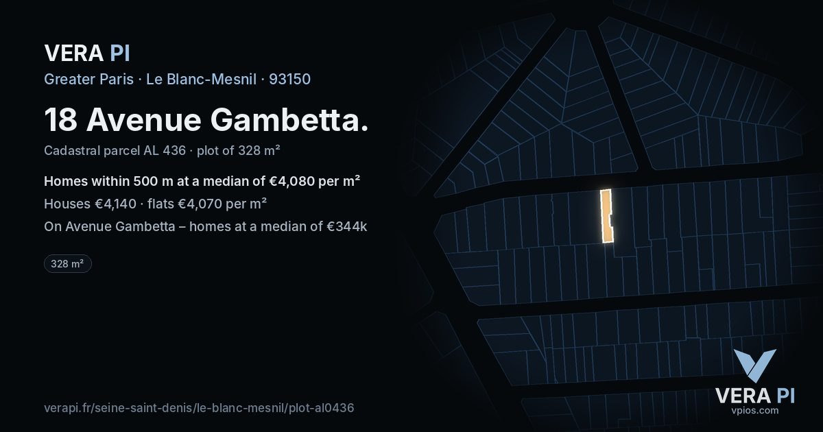 18 Avenue Gambetta, Le Blanc-Mesnil at night – the plot lit, the parcels around coloured by the prices near them
