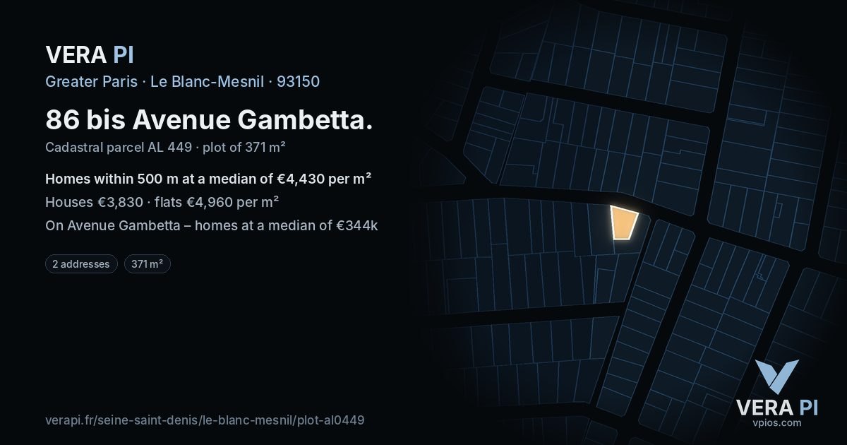 86 bis Avenue Gambetta, Le Blanc-Mesnil at night – the plot lit, the parcels around coloured by the prices near them