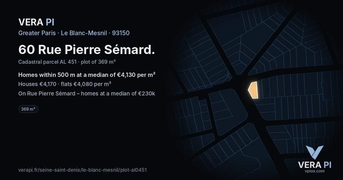 60 Rue Pierre Sémard, Le Blanc-Mesnil at night – the plot lit, the parcels around coloured by the prices near them