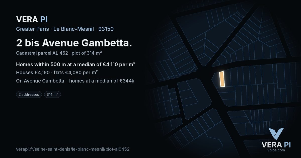 2 bis Avenue Gambetta, Le Blanc-Mesnil at night – the plot lit, the parcels around coloured by the prices near them