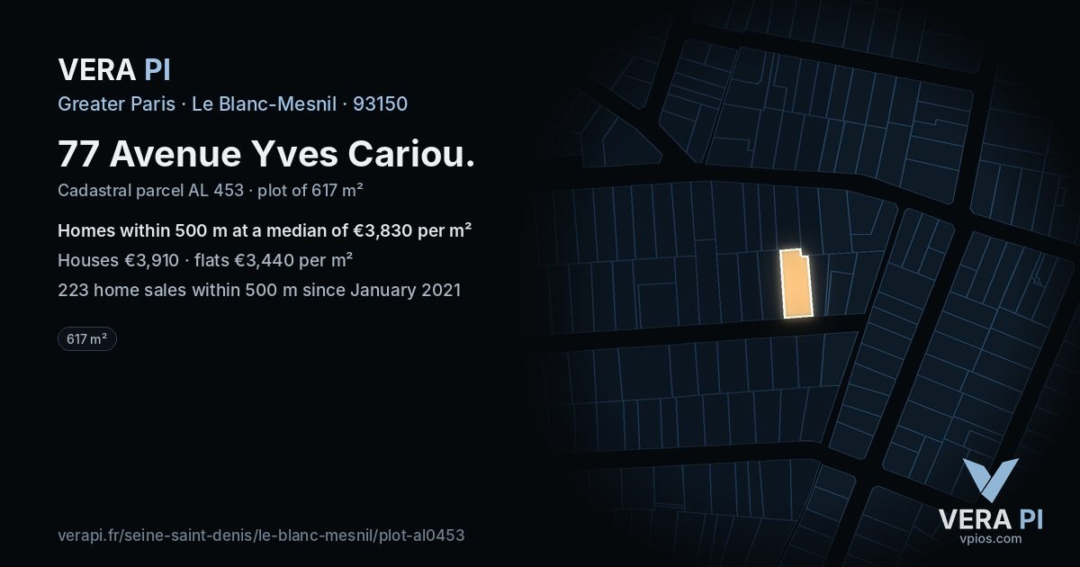 77 Avenue Yves Cariou, Le Blanc-Mesnil at night – the plot lit, the parcels around coloured by the prices near them