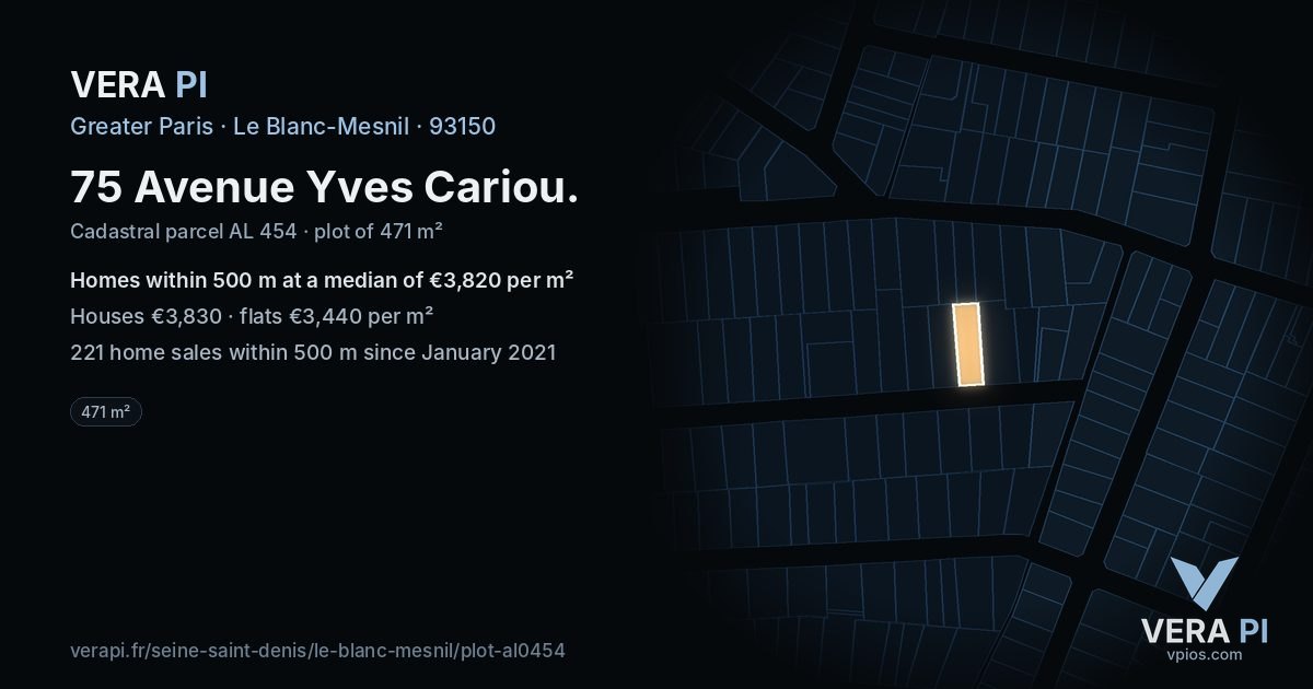 75 Avenue Yves Cariou, Le Blanc-Mesnil at night – the plot lit, the parcels around coloured by the prices near them