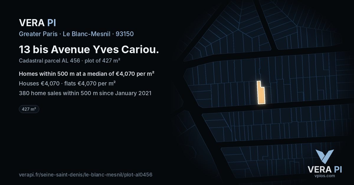 13 bis Avenue Yves Cariou, Le Blanc-Mesnil at night – the plot lit, the parcels around coloured by the prices near them