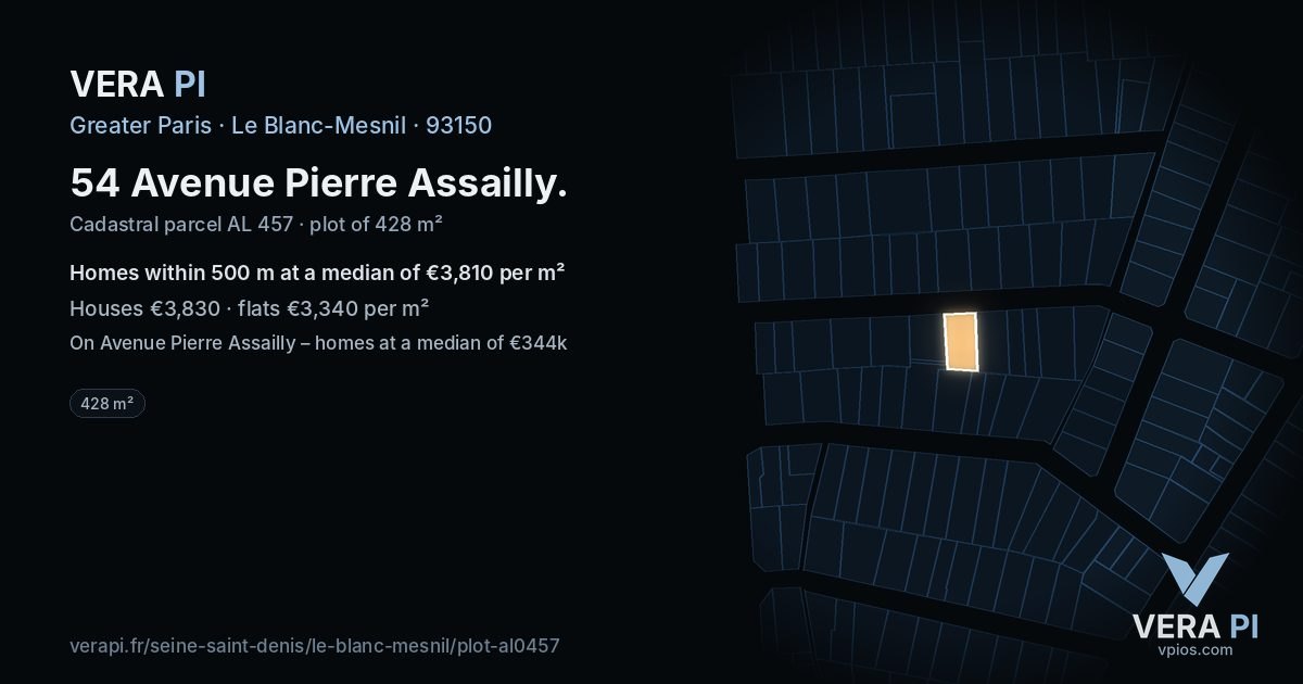 54 Avenue Pierre Assailly, Le Blanc-Mesnil at night – the plot lit, the parcels around coloured by the prices near them