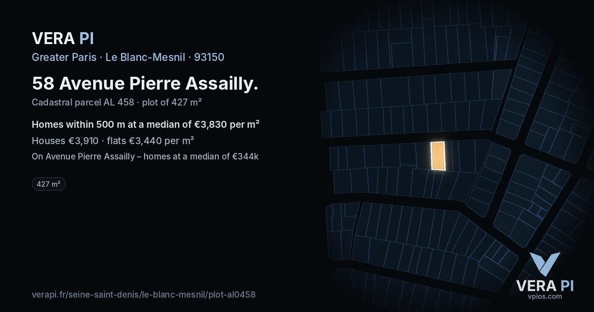 58 Avenue Pierre Assailly, Le Blanc-Mesnil at night – the plot lit, the parcels around coloured by the prices near them