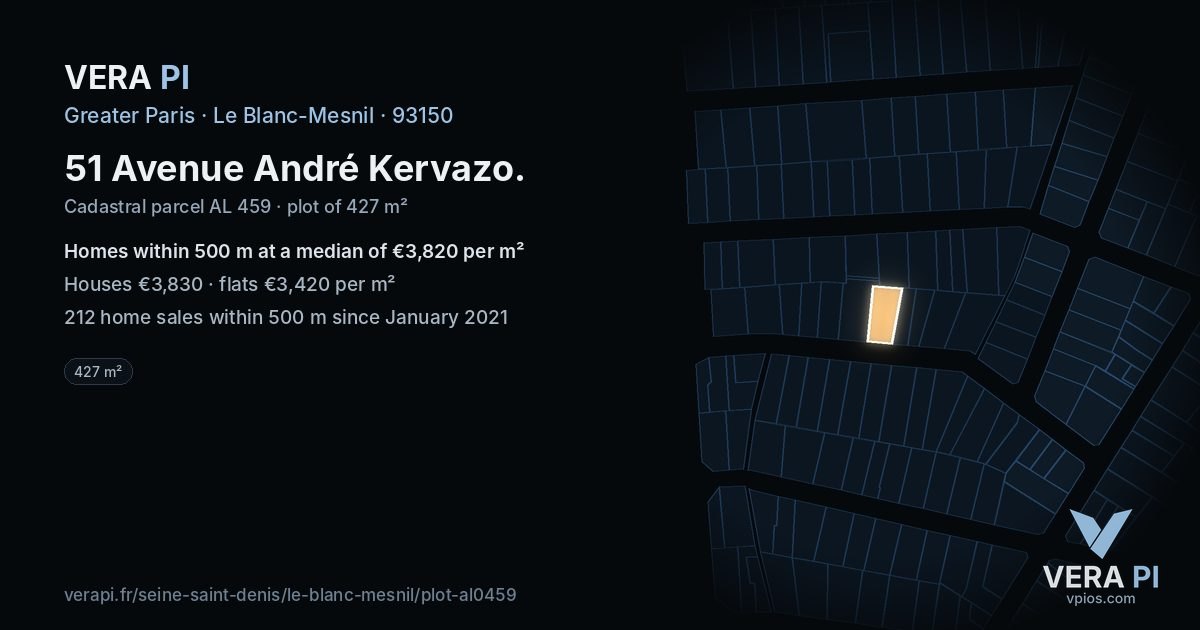 51 Avenue André Kervazo, Le Blanc-Mesnil at night – the plot lit, the parcels around coloured by the prices near them