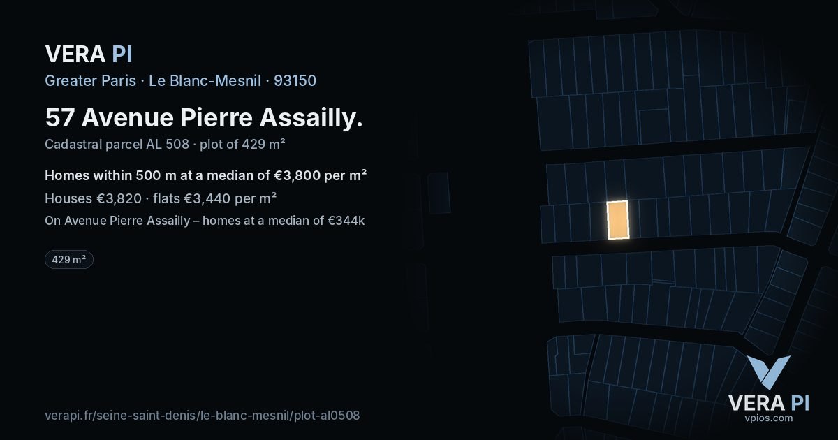 57 Avenue Pierre Assailly, Le Blanc-Mesnil at night – the plot lit, the parcels around coloured by the prices near them