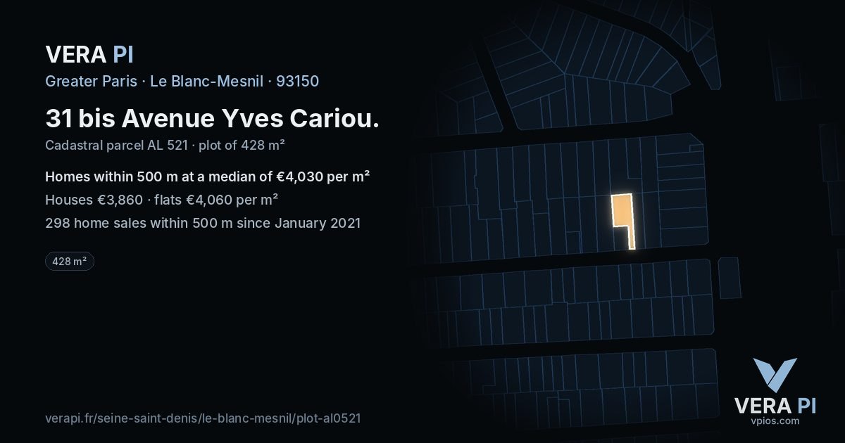 31 bis Avenue Yves Cariou, Le Blanc-Mesnil at night – the plot lit, the parcels around coloured by the prices near them