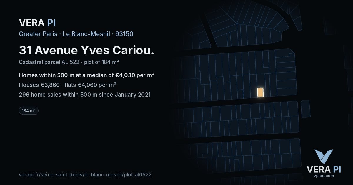 31 Avenue Yves Cariou, Le Blanc-Mesnil at night – the plot lit, the parcels around coloured by the prices near them