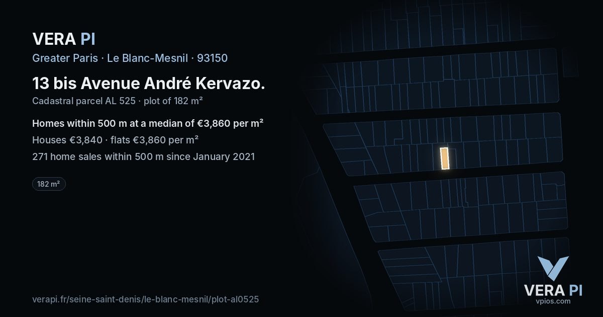 13 bis Avenue André Kervazo, Le Blanc-Mesnil at night – the plot lit, the parcels around coloured by the prices near them