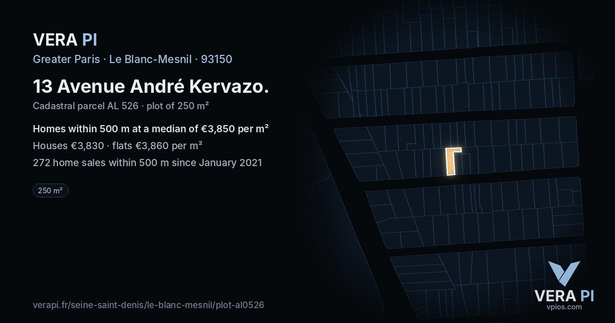 13 Avenue André Kervazo, Le Blanc-Mesnil at night – the plot lit, the parcels around coloured by the prices near them