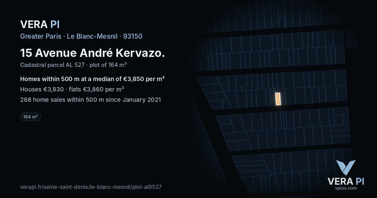 15 Avenue André Kervazo, Le Blanc-Mesnil at night – the plot lit, the parcels around coloured by the prices near them
