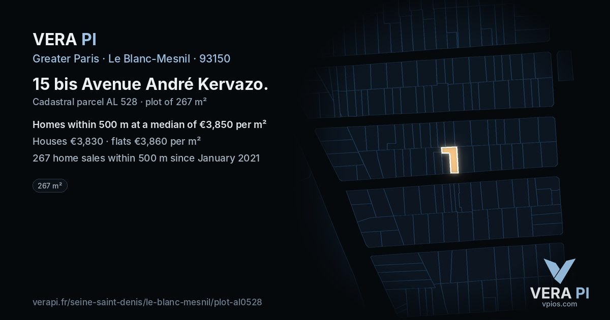 15 bis Avenue André Kervazo, Le Blanc-Mesnil at night – the plot lit, the parcels around coloured by the prices near them