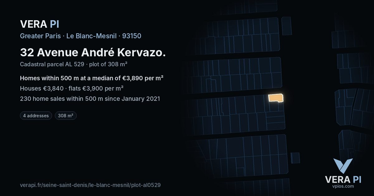 32 Avenue André Kervazo, Le Blanc-Mesnil at night – the plot lit, the parcels around coloured by the prices near them