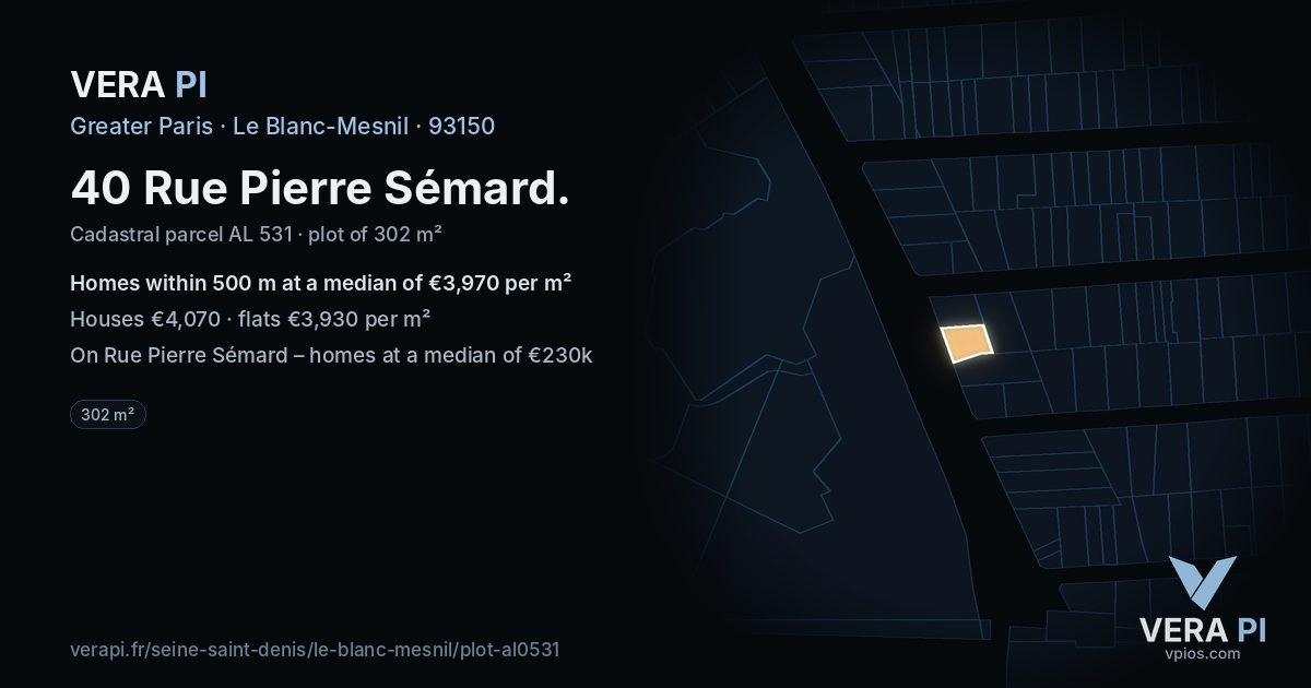 40 Rue Pierre Sémard, Le Blanc-Mesnil at night – the plot lit, the parcels around coloured by the prices near them