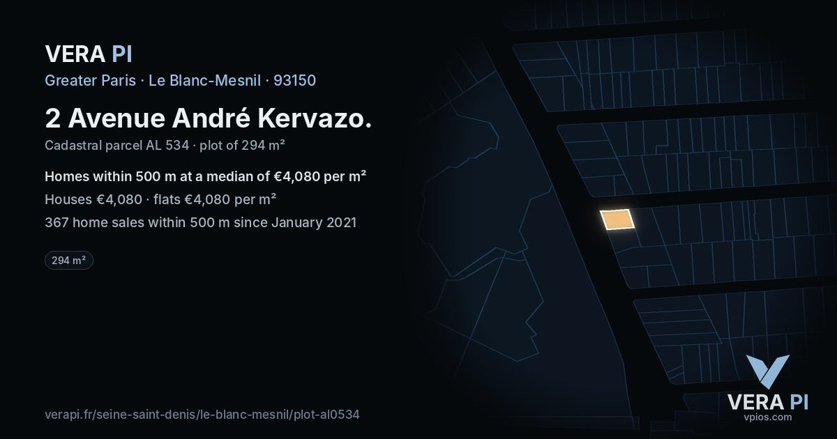 2 Avenue André Kervazo, Le Blanc-Mesnil at night – the plot lit, the parcels around coloured by the prices near them