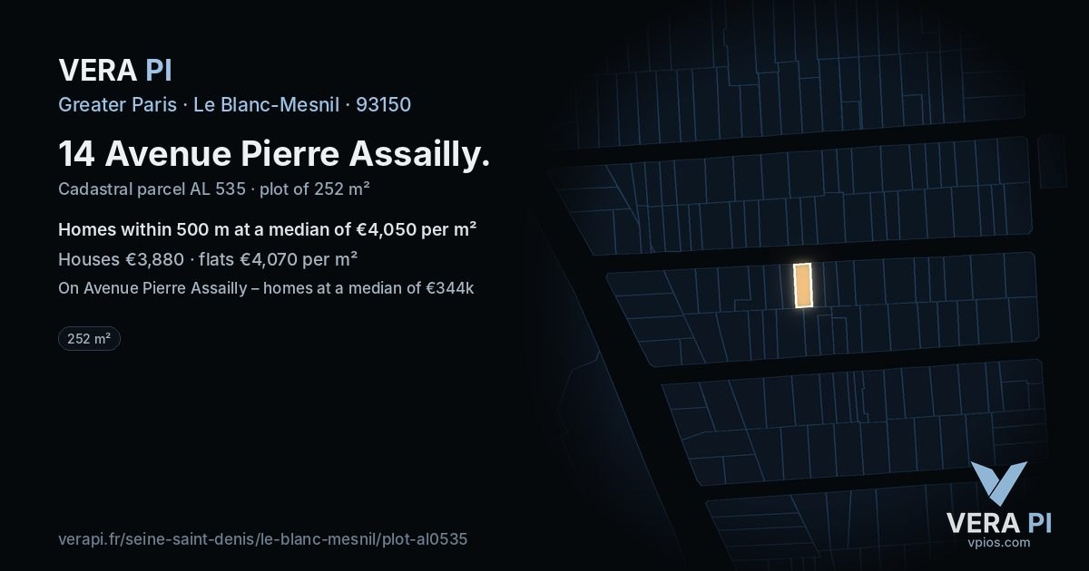 14 Avenue Pierre Assailly, Le Blanc-Mesnil at night – the plot lit, the parcels around coloured by the prices near them