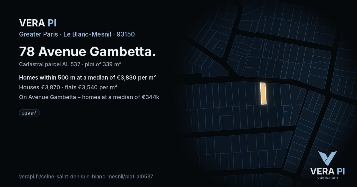78 Avenue Gambetta, Le Blanc-Mesnil at night – the plot lit, the parcels around coloured by the prices near them