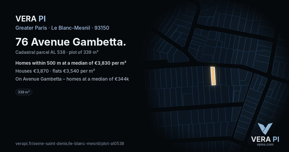 76 Avenue Gambetta, Le Blanc-Mesnil at night – the plot lit, the parcels around coloured by the prices near them