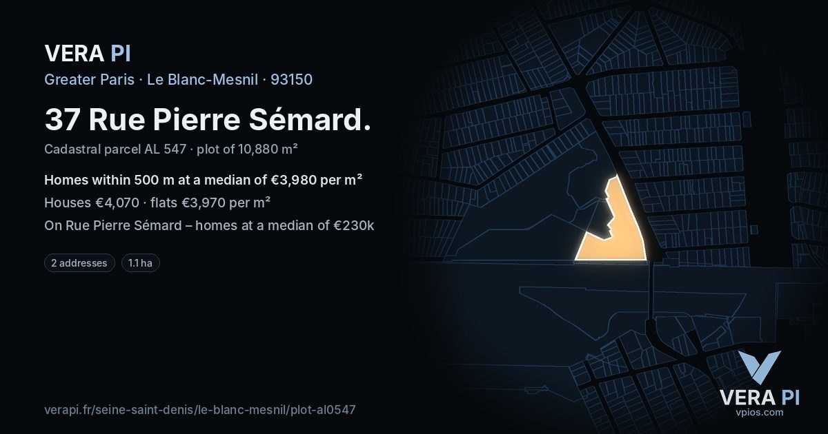 37 Rue Pierre Sémard, Le Blanc-Mesnil at night – the plot lit, the parcels around coloured by the prices near them