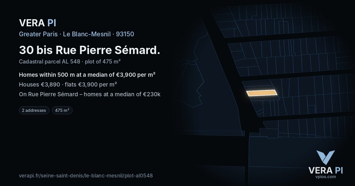 30 bis Rue Pierre Sémard, Le Blanc-Mesnil at night – the plot lit, the parcels around coloured by the prices near them
