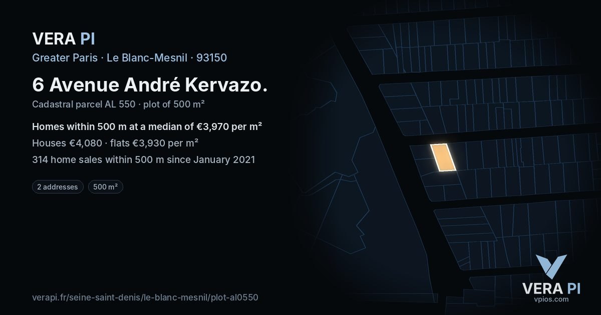 6 Avenue André Kervazo, Le Blanc-Mesnil at night – the plot lit, the parcels around coloured by the prices near them