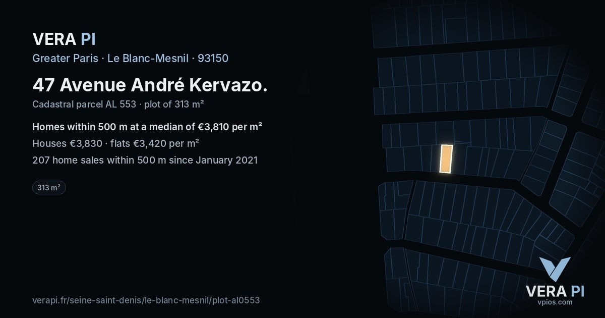 47 Avenue André Kervazo, Le Blanc-Mesnil at night – the plot lit, the parcels around coloured by the prices near them