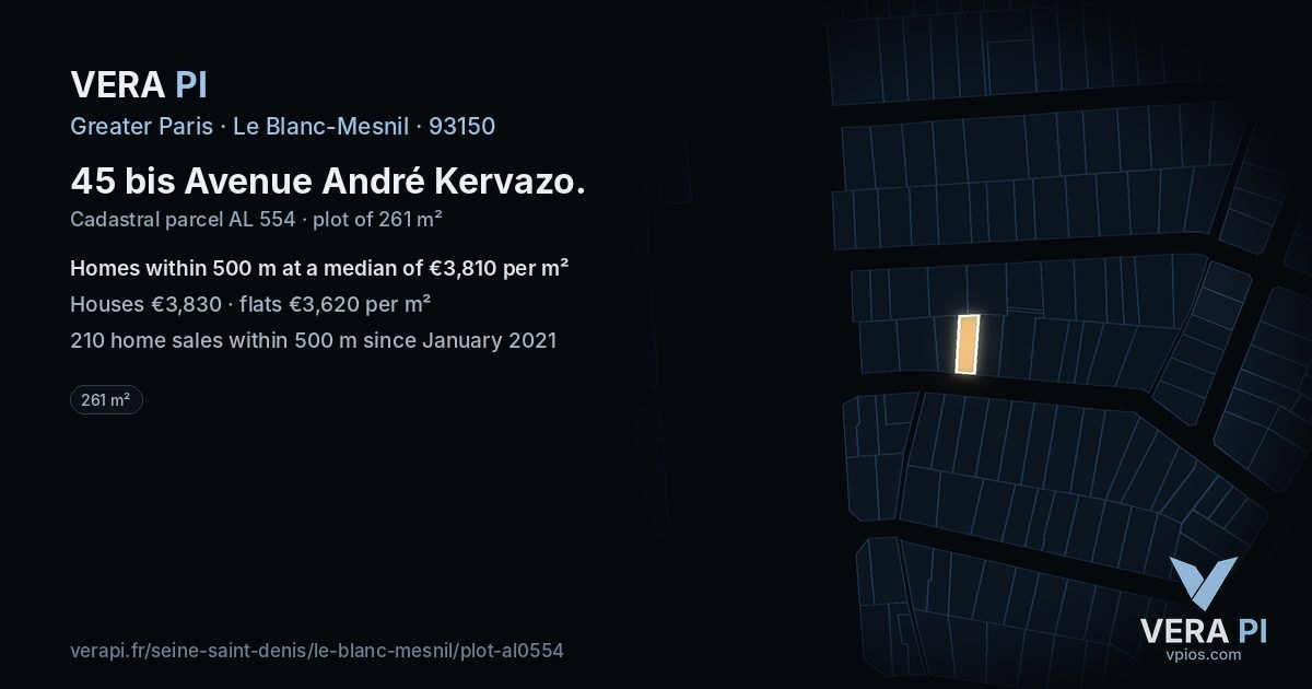 45 bis Avenue André Kervazo, Le Blanc-Mesnil at night – the plot lit, the parcels around coloured by the prices near them