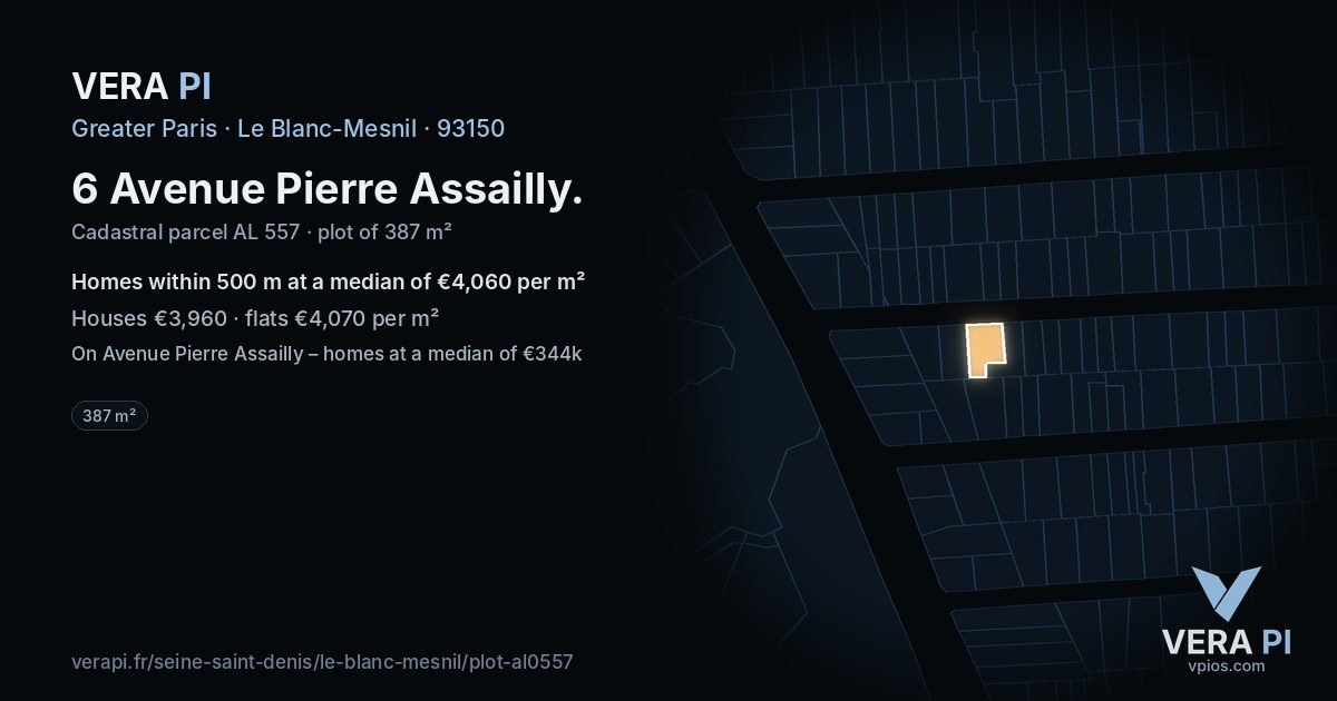 6 Avenue Pierre Assailly, Le Blanc-Mesnil at night – the plot lit, the parcels around coloured by the prices near them