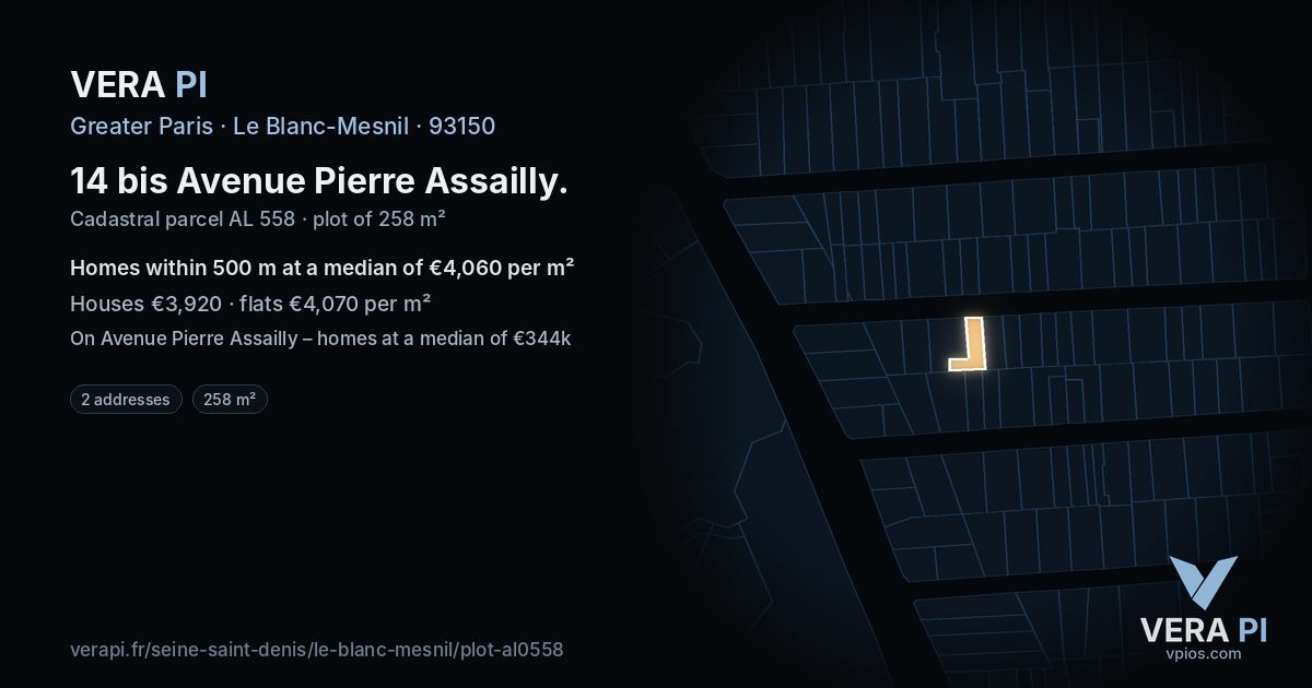 14 bis Avenue Pierre Assailly, Le Blanc-Mesnil at night – the plot lit, the parcels around coloured by the prices near them