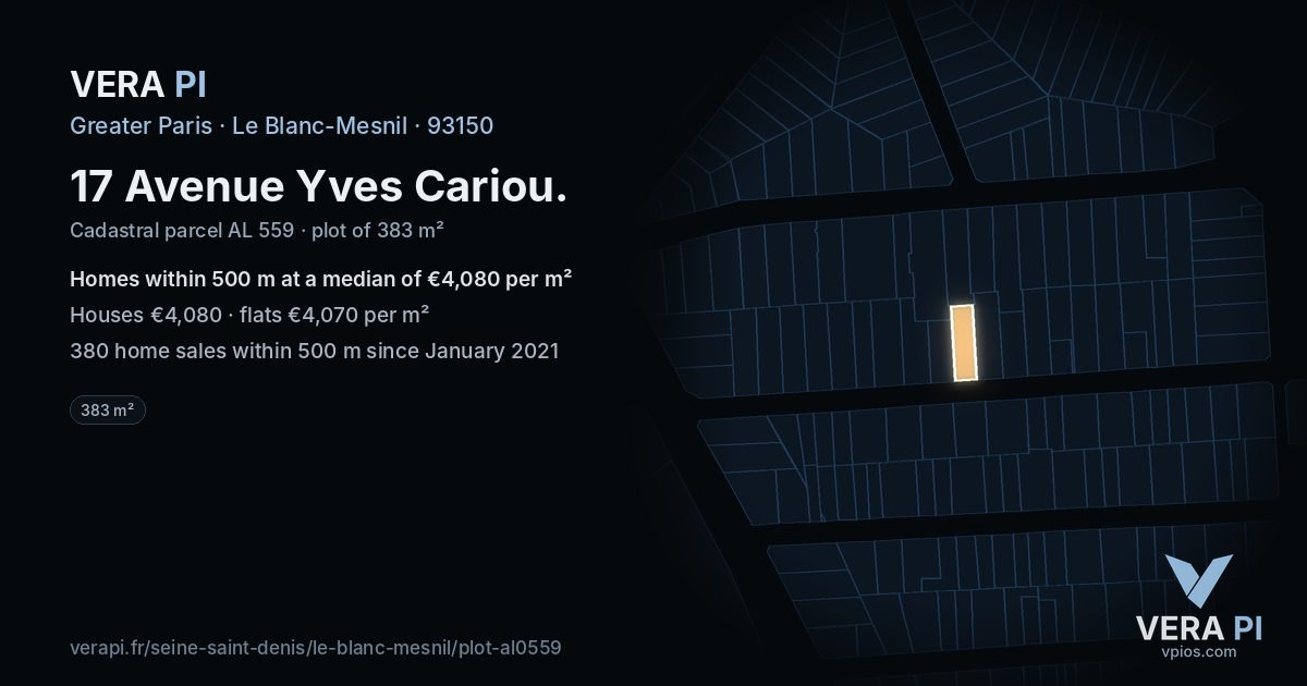 17 Avenue Yves Cariou, Le Blanc-Mesnil at night – the plot lit, the parcels around coloured by the prices near them