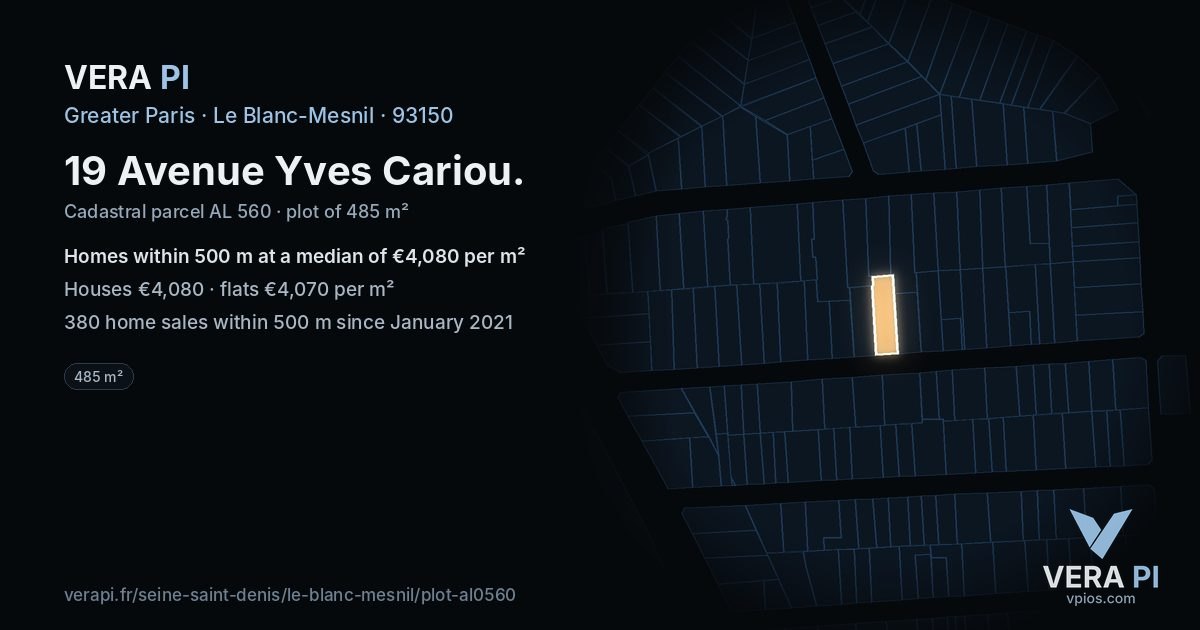 19 Avenue Yves Cariou, Le Blanc-Mesnil at night – the plot lit, the parcels around coloured by the prices near them