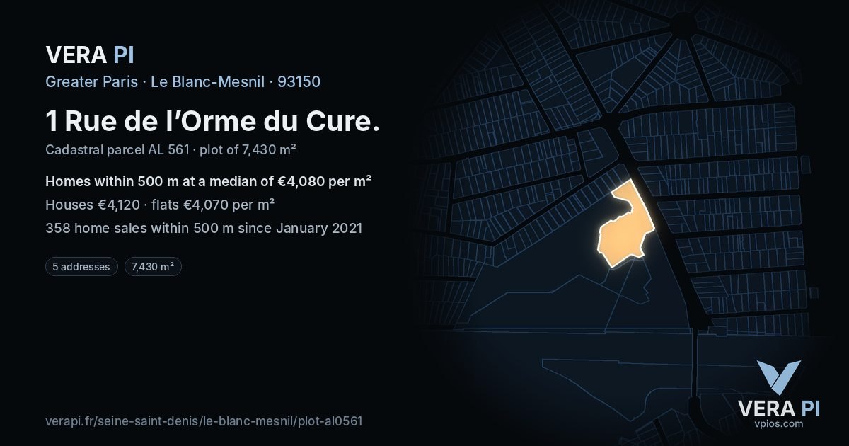 1 Rue de l’Orme du Cure, Le Blanc-Mesnil at night – the plot lit, the parcels around coloured by the prices near them