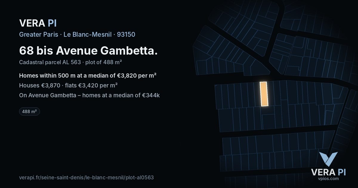68 bis Avenue Gambetta, Le Blanc-Mesnil at night – the plot lit, the parcels around coloured by the prices near them