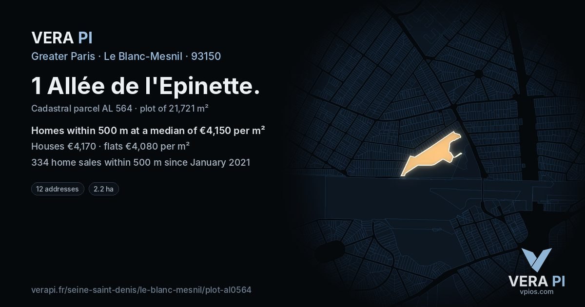1 Allée de l'Epinette, Le Blanc-Mesnil at night – the plot lit, the parcels around coloured by the prices near them