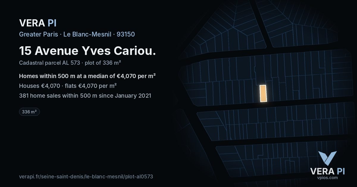 15 Avenue Yves Cariou, Le Blanc-Mesnil at night – the plot lit, the parcels around coloured by the prices near them