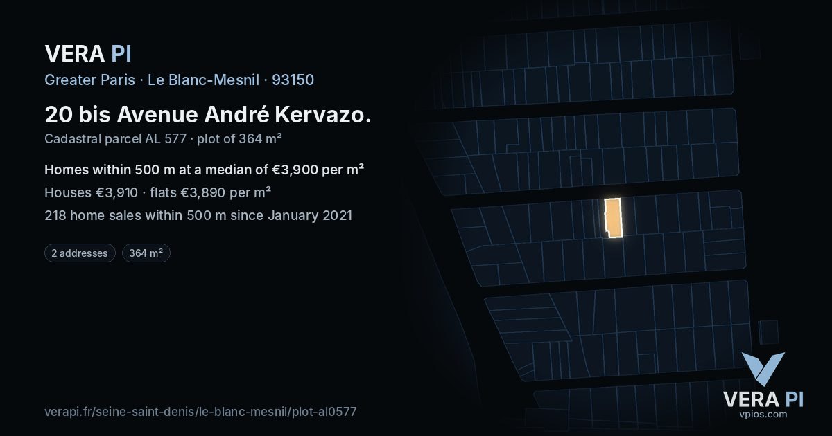 20 bis Avenue André Kervazo, Le Blanc-Mesnil at night – the plot lit, the parcels around coloured by the prices near them