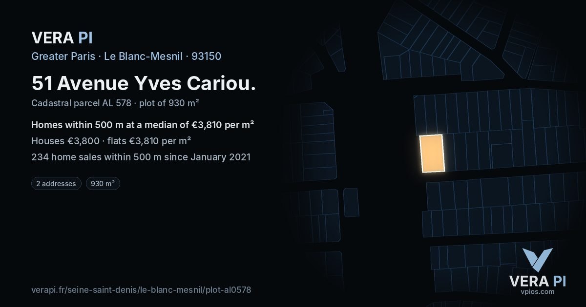 51 Avenue Yves Cariou, Le Blanc-Mesnil at night – the plot lit, the parcels around coloured by the prices near them