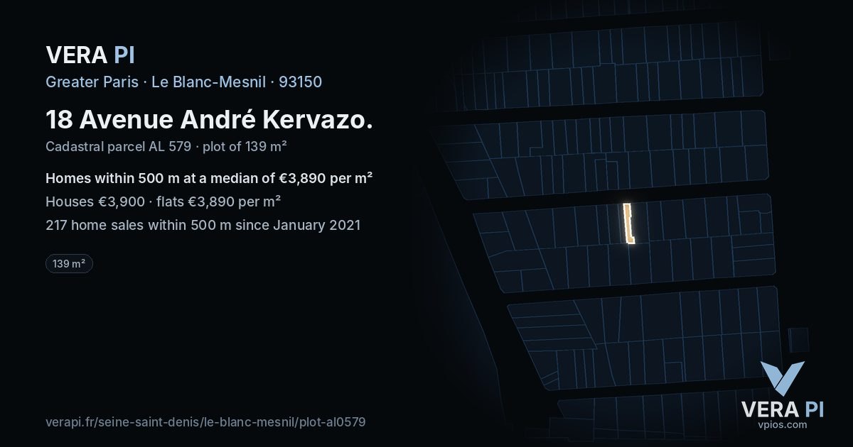 18 Avenue André Kervazo, Le Blanc-Mesnil at night – the plot lit, the parcels around coloured by the prices near them