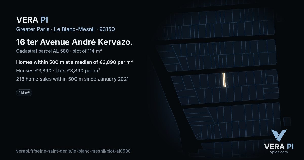 16 ter Avenue André Kervazo, Le Blanc-Mesnil at night – the plot lit, the parcels around coloured by the prices near them