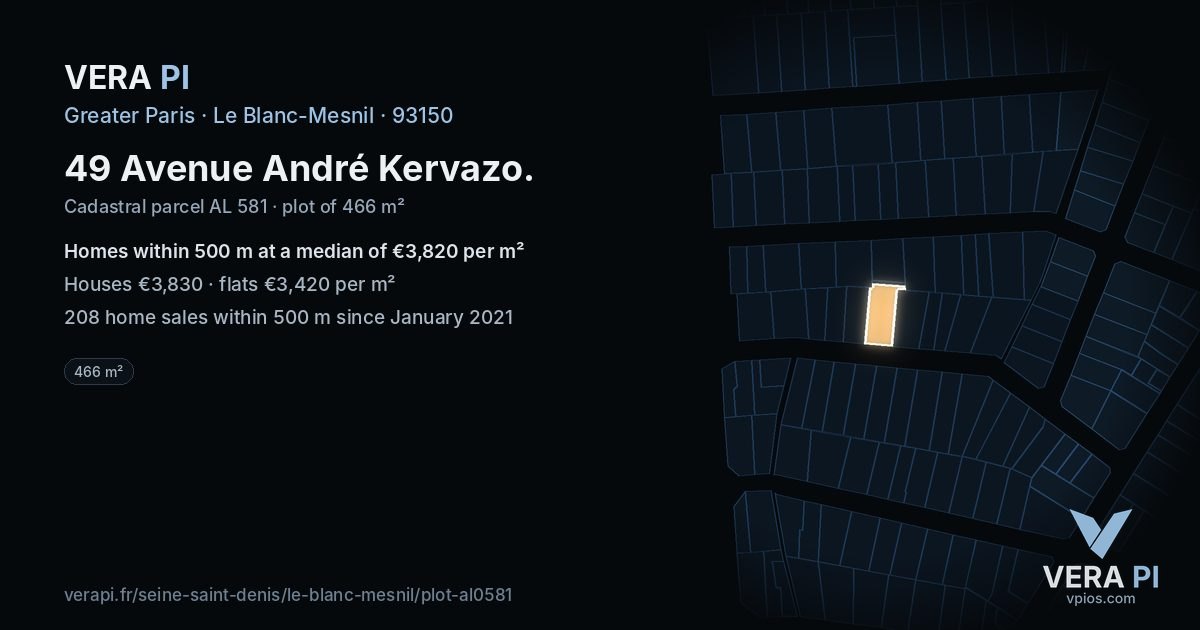 49 Avenue André Kervazo, Le Blanc-Mesnil at night – the plot lit, the parcels around coloured by the prices near them