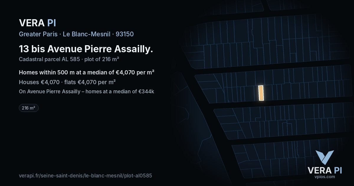 13 bis Avenue Pierre Assailly, Le Blanc-Mesnil at night – the plot lit, the parcels around coloured by the prices near them