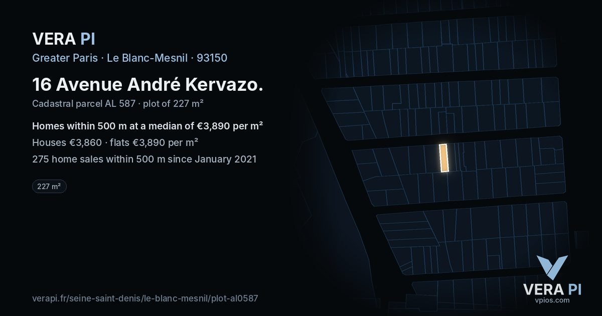 16 Avenue André Kervazo, Le Blanc-Mesnil at night – the plot lit, the parcels around coloured by the prices near them