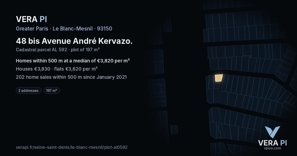 48 bis Avenue André Kervazo, Le Blanc-Mesnil at night – the plot lit, the parcels around coloured by the prices near them