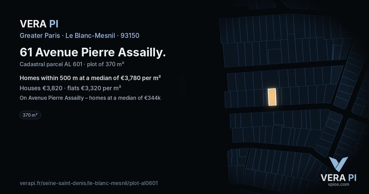 61 Avenue Pierre Assailly, Le Blanc-Mesnil at night – the plot lit, the parcels around coloured by the prices near them