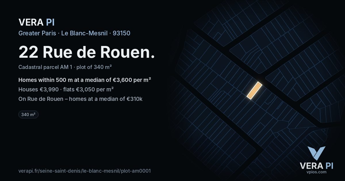 22 Rue de Rouen, Le Blanc-Mesnil at night – the plot lit, the parcels around coloured by the prices near them