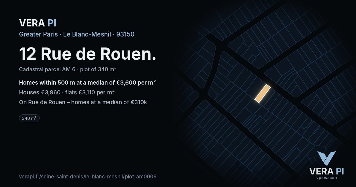 12 Rue de Rouen, Le Blanc-Mesnil at night – the plot lit, the parcels around coloured by the prices near them