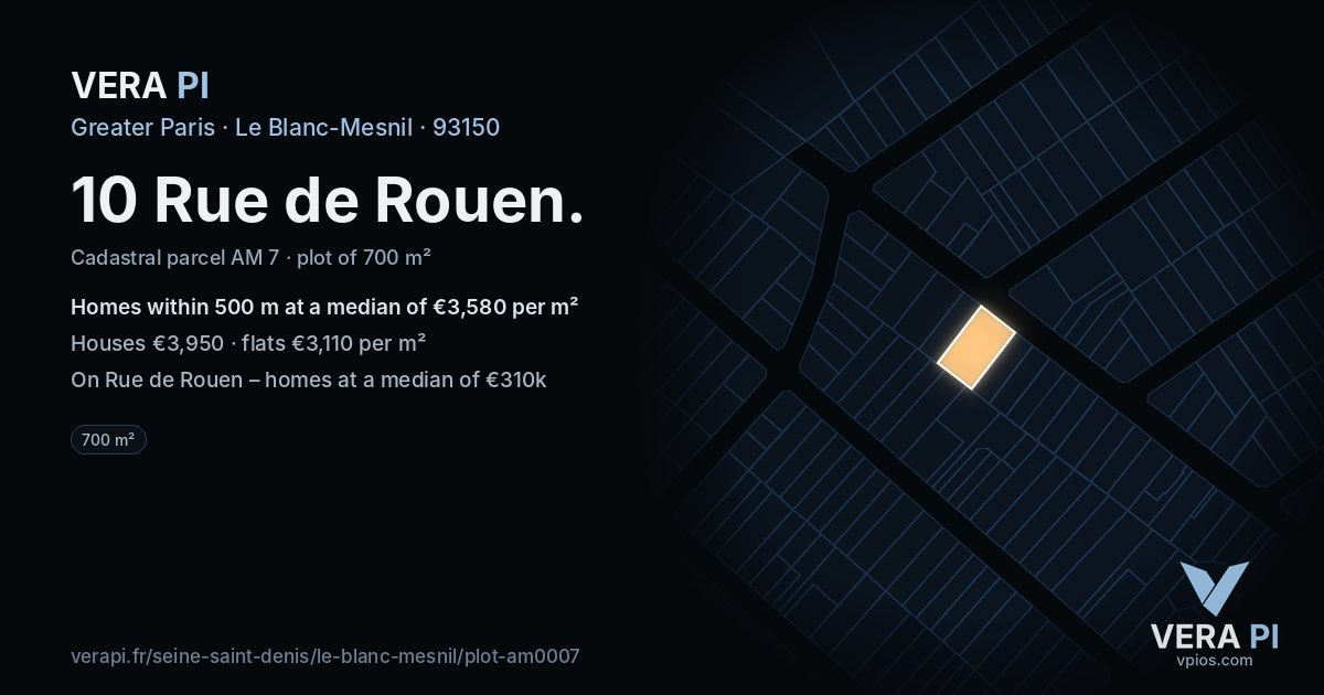 10 Rue de Rouen, Le Blanc-Mesnil at night – the plot lit, the parcels around coloured by the prices near them