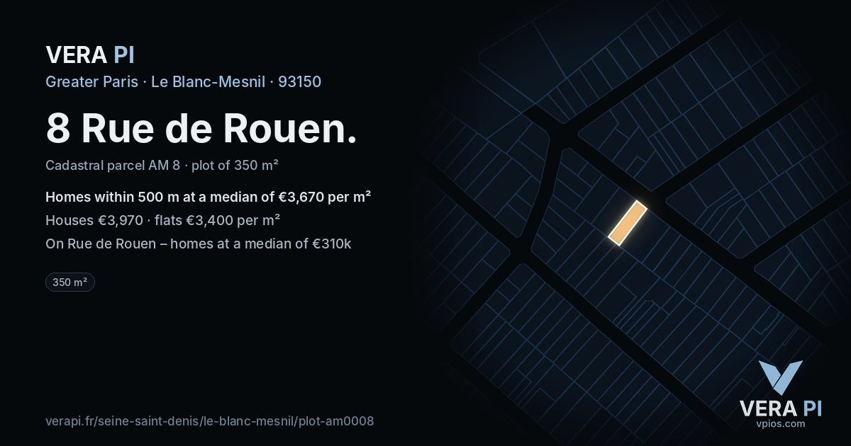 8 Rue de Rouen, Le Blanc-Mesnil at night – the plot lit, the parcels around coloured by the prices near them